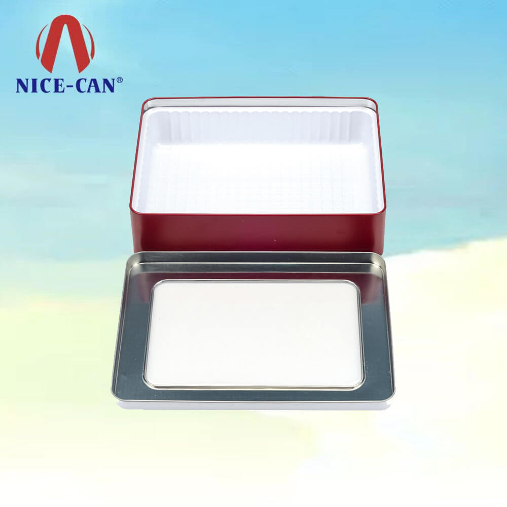 Cosmetic Packaging Metal Hineged Tin Box With Clear PVC Window On Lid